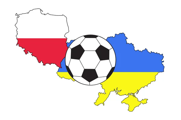 Bola de futebol com bandeiras da Polônia e Ucrânia — Vetor de Stock