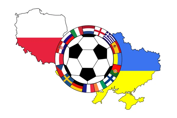 Pallone da calcio con contorni di Polonia e Ucraina — Vettoriale Stock