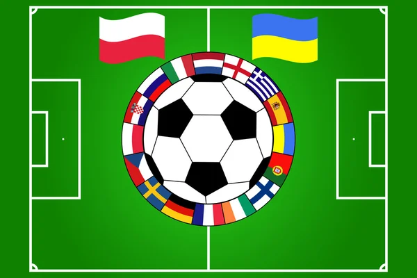 Bola de futebol com campo e bandeiras — Vetor de Stock