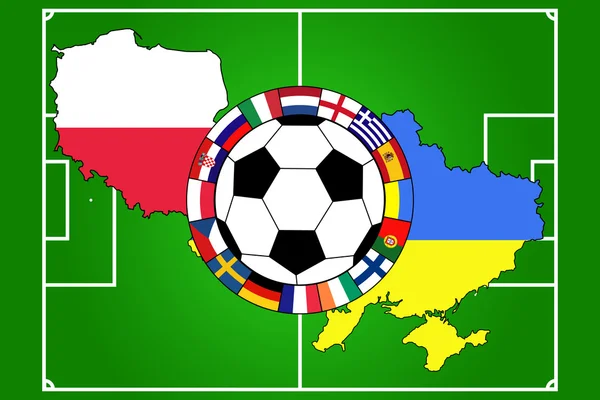 Pallone da calcio con contorni di Polonia e Ucraina — Vettoriale Stock