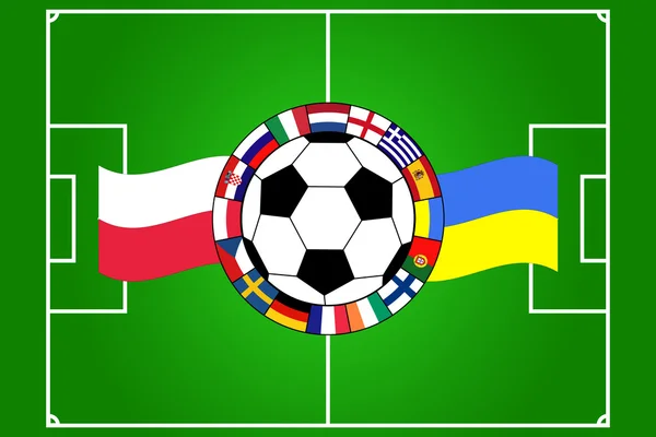 Voetbal bal met veld en vlaggen — Stockvector