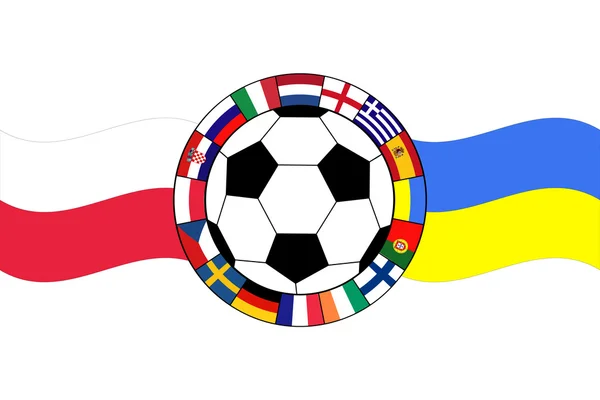 Bola de futebol com bandeiras da Polônia e Ucrânia — Vetor de Stock