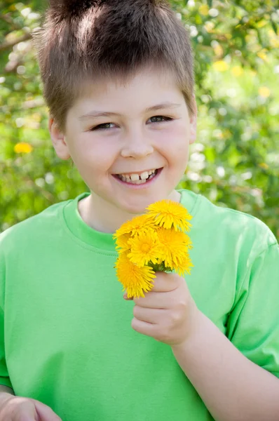 Un chico con un ramo de dientes de león en el parque —  Fotos de Stock