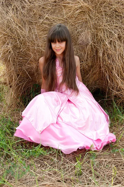Uma linda garota de cabelos escuros em um campo — Fotografia de Stock
