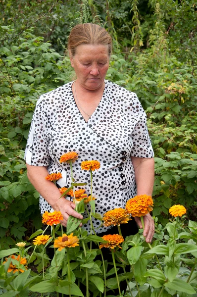 Pensionista se encarga de las flores en el jardín en la casa de campo — Foto de Stock