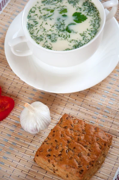 ディルと穀物のパンとチーズのスープ — ストック写真