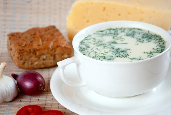Zupa serowa z koperkiem i zbożowych pieczywo — Zdjęcie stockowe