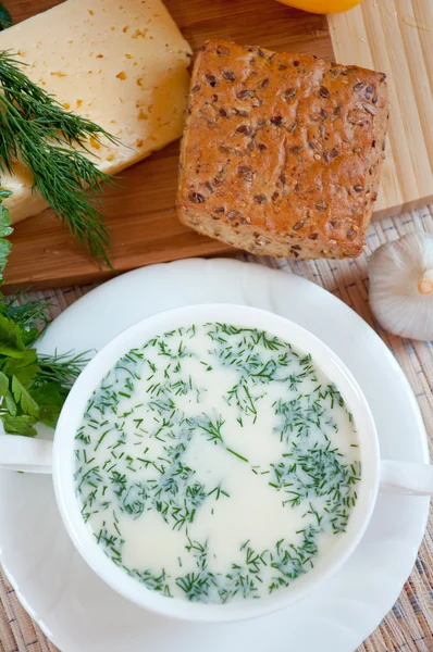 Sopa de queso con pan de eneldo y cereales — Stok fotoğraf