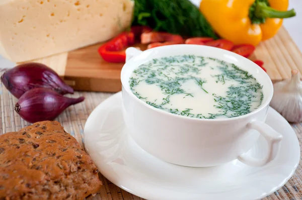 Zupa serowa z koperkiem i zbożowych pieczywo — Zdjęcie stockowe
