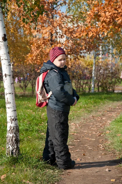Chłopiec z plecakiem w parku miejskim jesień — Zdjęcie stockowe
