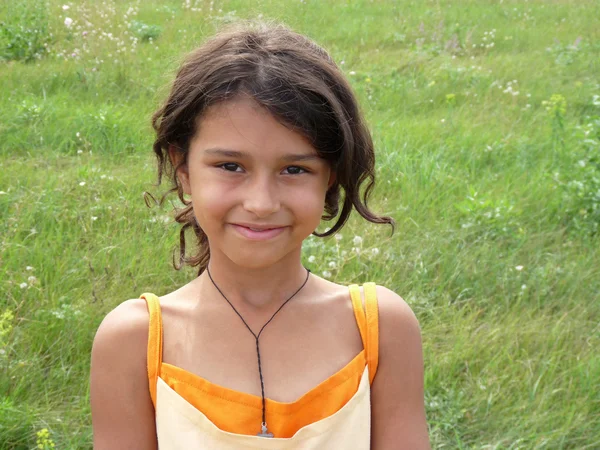 牧草地で暗い髪の女の子の肖像画 — ストック写真