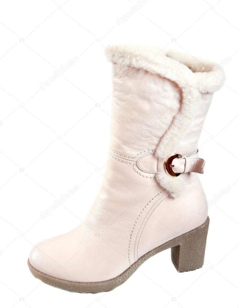 Women's white leather shoes with a furry isolated on white background