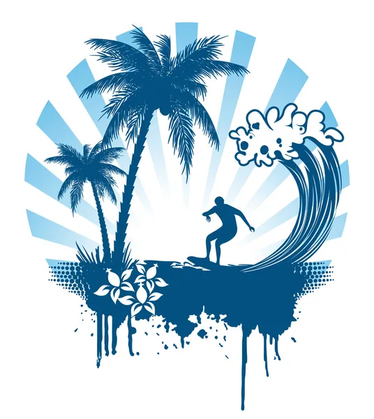 Palmiye ve grunge tarzı dalgalarda sörf — Stok Vektör