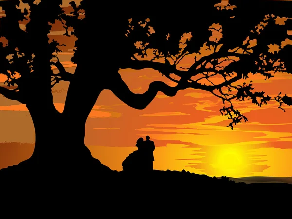 Sziluettjét fa napnyugtakor szerelmes pár — Stock Vector