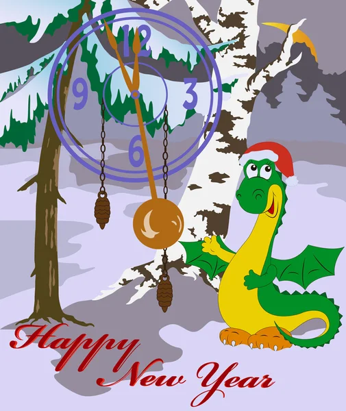 La carta di anno nuovo con immagine di drago in legno — Vettoriale Stock