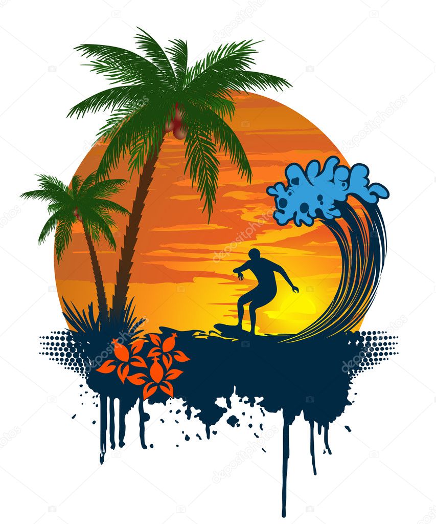 Silhouette of palm and surfer on tropical sunset