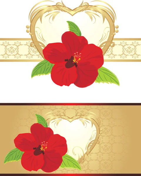 Flor vermelha na fita decorativa. Composições ao dia de Valentim —  Vetores de Stock