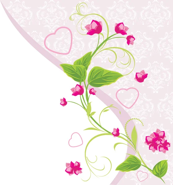 心装饰背景上的粉红色花朵。情人节卡片 — 图库矢量图片