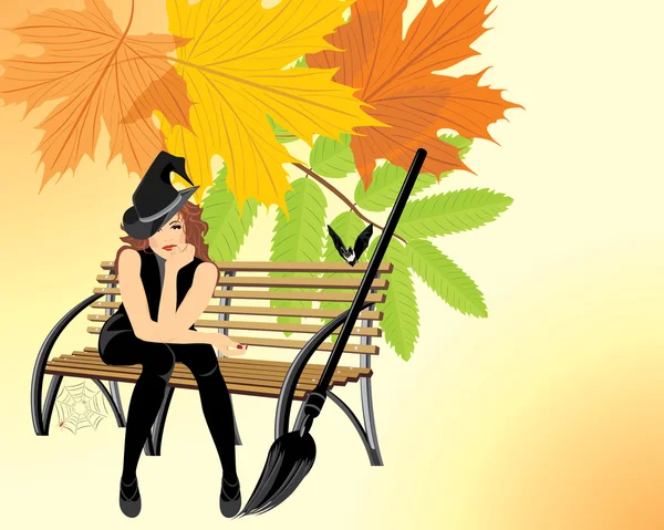 Sorcière assise sur le banc en bois. Carte Halloween — Image vectorielle