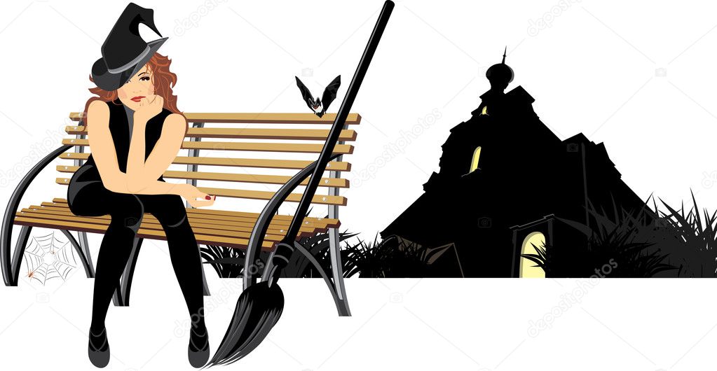Sitting witch on the wooden bench. Halloween composition