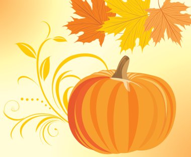 Pumpkin with decorative sprig and maple leaves clipart