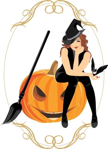 Hexe auf dem Halloween-Kürbis sitzend. Festlicher Rahmen — Stockvektor