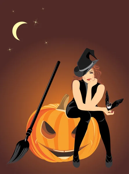 Sitting witch on the halloween pumpkin — Stock Vector