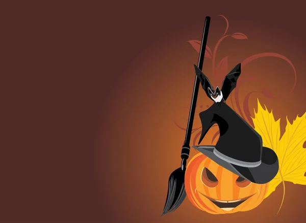 Halloween pumpkin with broom and bat. Halloween banner — Stock Vector