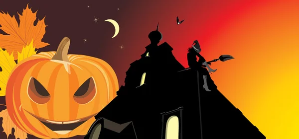 Calabaza y castillo nocturno. Banner de Halloween — Vector de stock