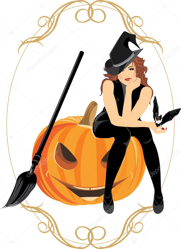 Sitting witch on the halloween pumpkin. Festive frame