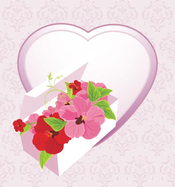 Herz und festliche Schachtel mit Blumen auf dem dekorativen Hintergrund — Stockvektor