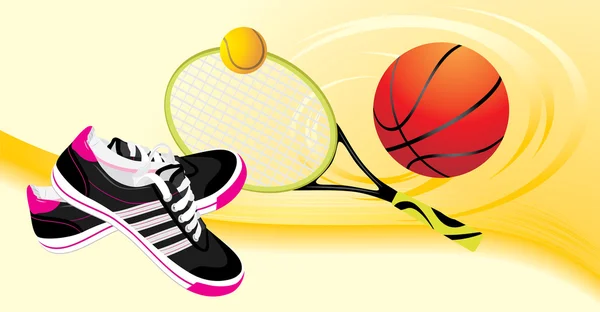 Adidasy buty i rakieta tenisowa z kulkami. sportowe transparent — Wektor stockowy