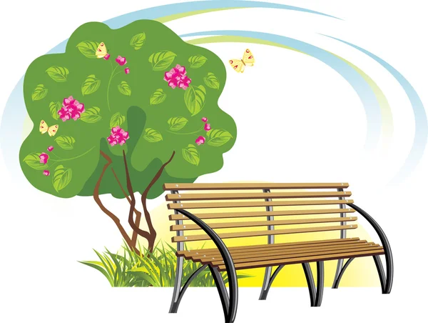 Banco de madera y árbol con flores. Concepto primavera — Vector de stock