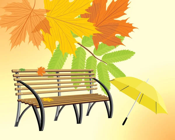 Banco de madeira e guarda-chuva no fundo do outono — Vetor de Stock