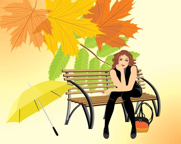 Sittande kvinna med paraply på träbänk på hösten bakgrunden — Stock vektor