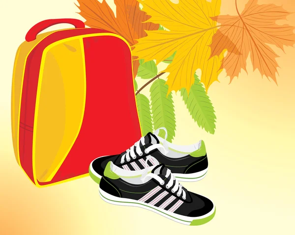 Pair of sneakers and backpack on the autumn background — Stock Vector