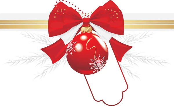 Bola roja de Navidad con lazo y oropel. Frontera festiva — Vector de stock