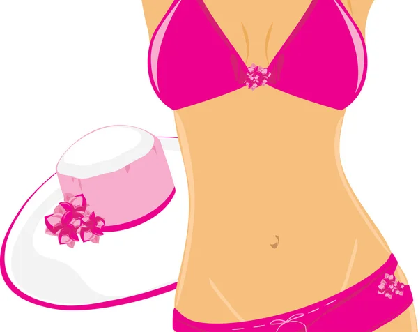 Costume da bagno rosa e cappello da spiaggia. Frammento di corpo femminile — Vettoriale Stock