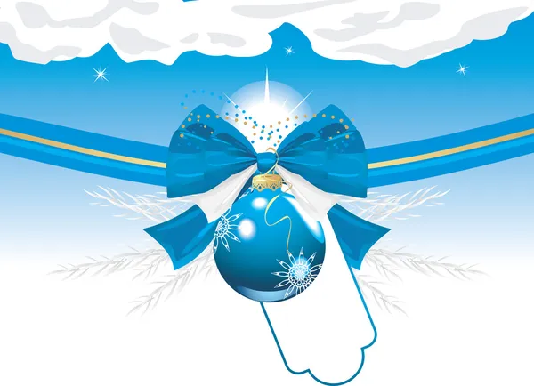 Bola azul de Navidad con lazo y oropel. Tarjeta festiva — Vector de stock