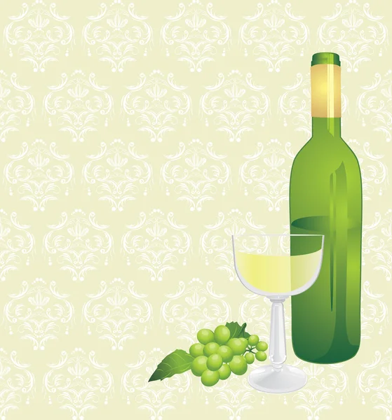 Botella de vino, copa y uva verde en el fondo decorativo — Vector de stock