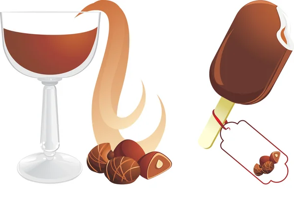 Chocolate quente com doces e sorvete — Vetor de Stock