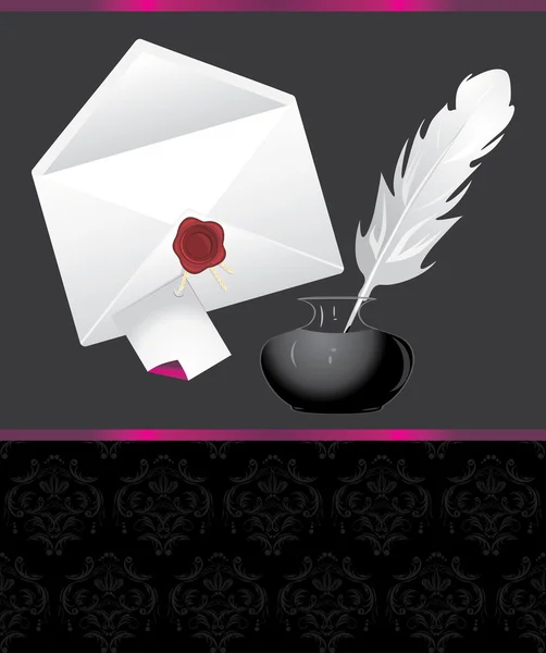 Plume, encres et enveloppe avec sceau de cire. Bannière décorative — Image vectorielle