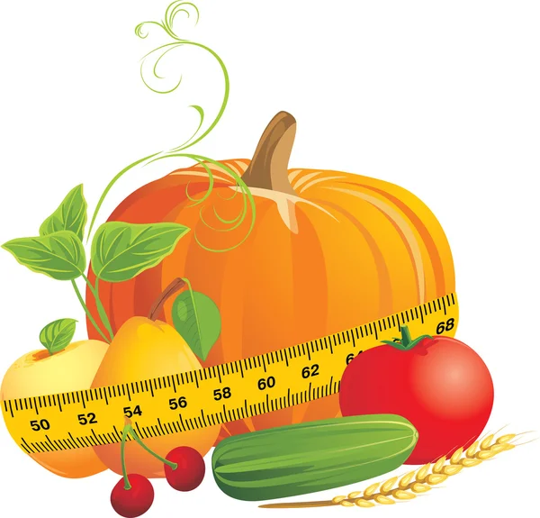 Vegetables and fruits with measuring tape — Stock Vector