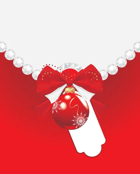 红色圣诞球用的弓和假钻。节日卡 — 图库矢量图片
