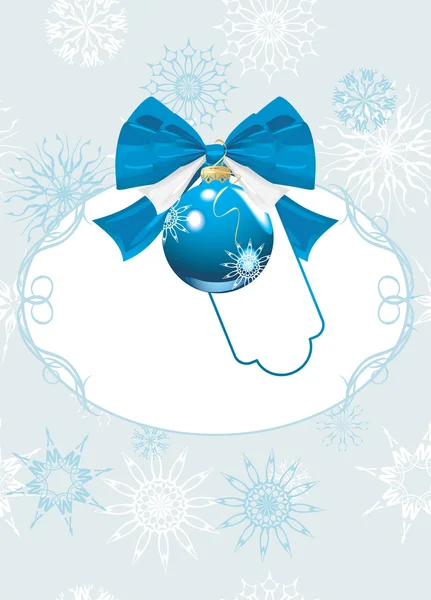青いクリスマス ボール/蝶結び付きフレーム。お祝いカード — ストックベクタ