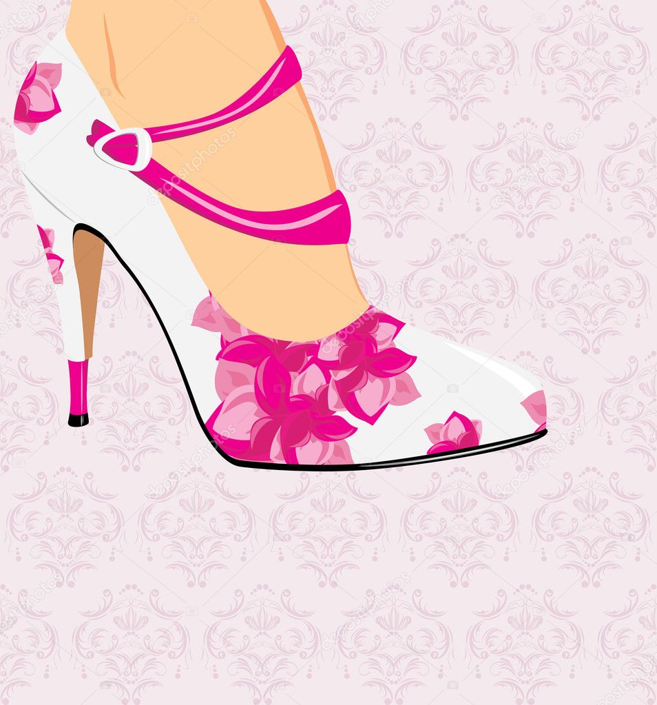 Elegant stylish female shoes on the decorative background