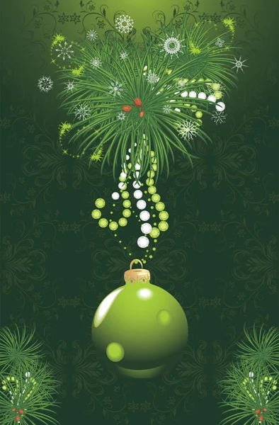 Christmas tree with green ball and tinsel. Festive card — Stock Vector