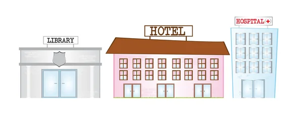 Cartoon bibliotek, hotell och sjukhus — Stock vektor