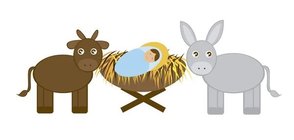 Baby Jesus with Donkey and ox — Stock Vector