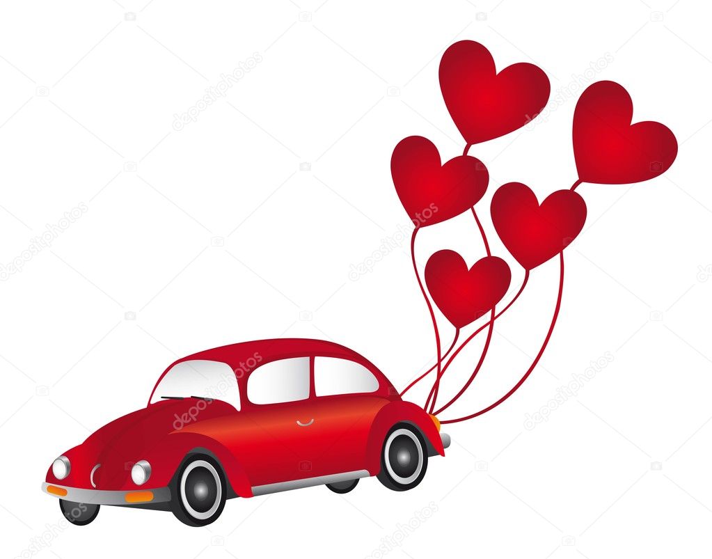 red car with heart balloons